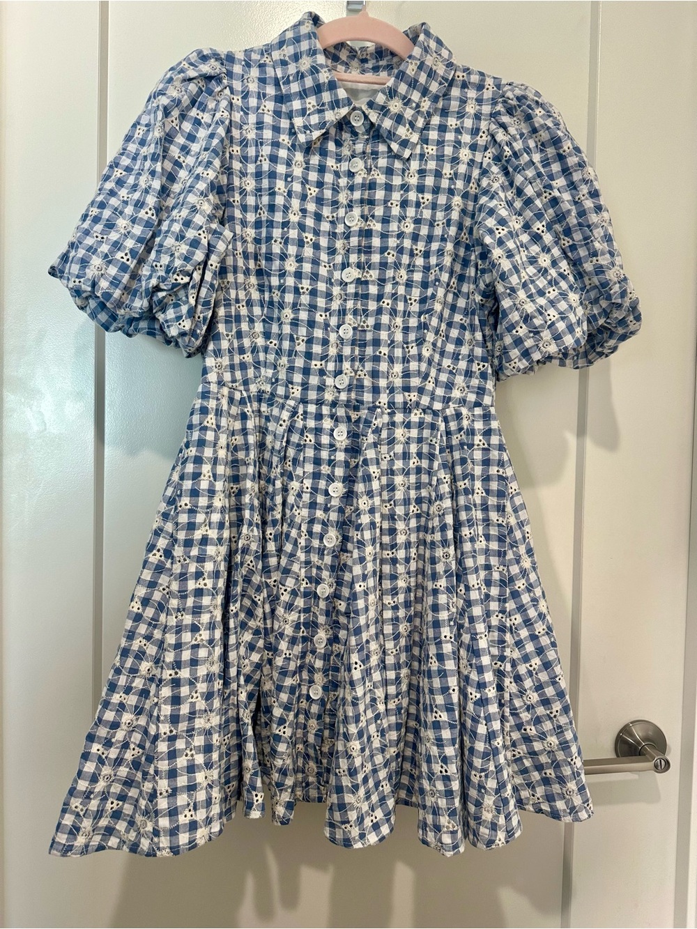 House of Harlow 1960 Blue and White Gingham Eyelet Detail Puff Sleeve Dress
